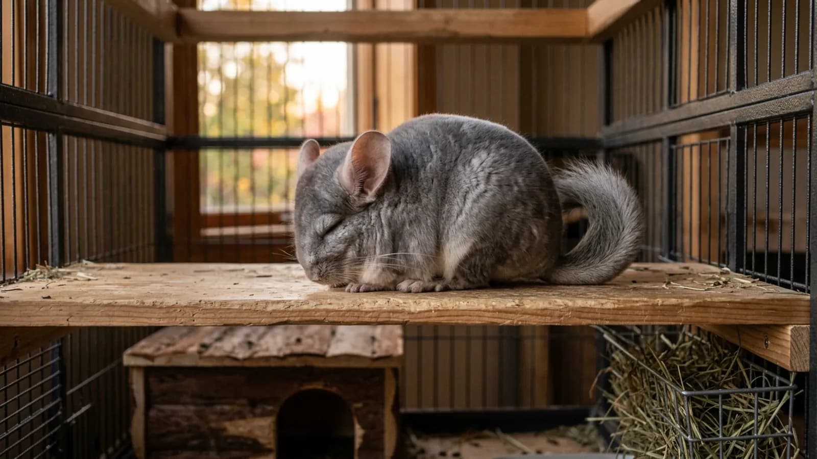 A silver gray chinchilla curled up in deep sleep on a wooden cage ledge at dusk