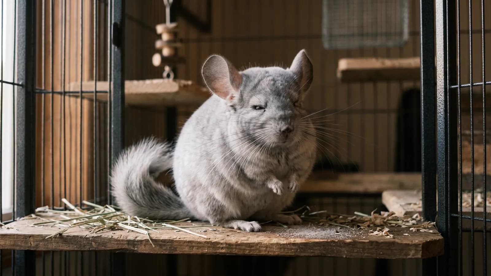 A silver gray chinchilla on a wooden ledge with her nose wrinkled and whiskers forward, the moment of chinchilla sneezing that worries owners