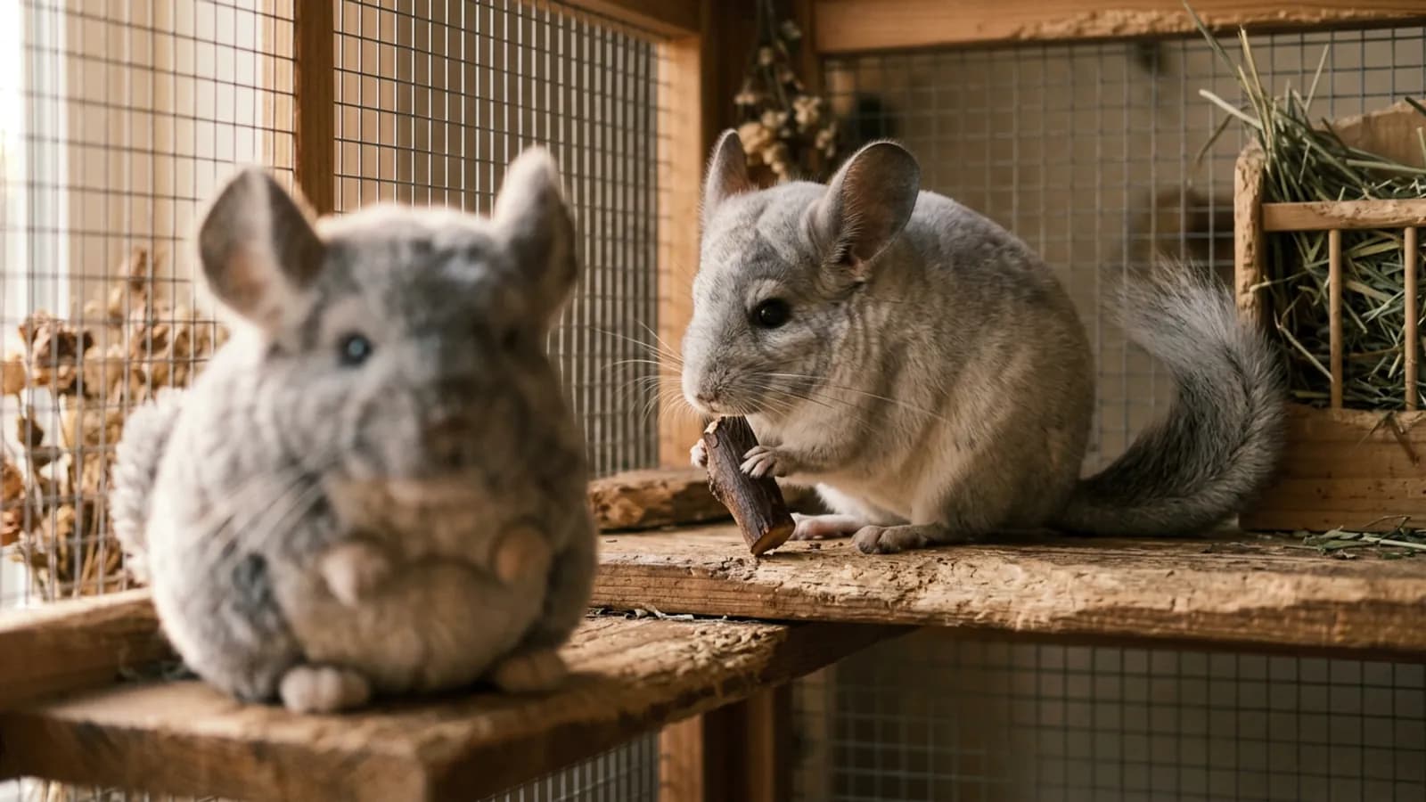 A chinchilla stuffed toy on a shelf beside a real chinchilla chewing wood in its cage