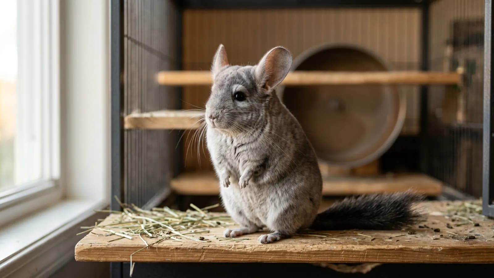 A chinchilla balanced upright on a wooden ledge with its bushy chinchilla tail extended behind it.