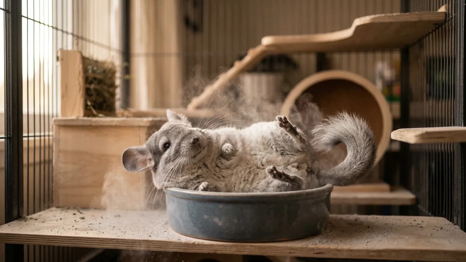 A chinchilla taking a dust bath, flipped onto its back in a dish of fine pale volcanic dust