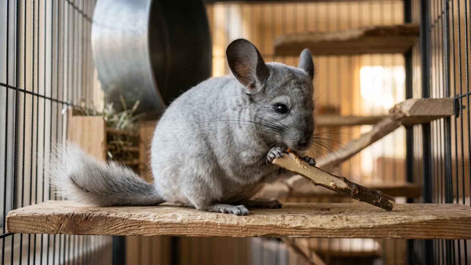 A chinchilla gnawing a wooden chew stick with its orange chinchilla teeth showing, on a wooden ledge in a tall metal cage