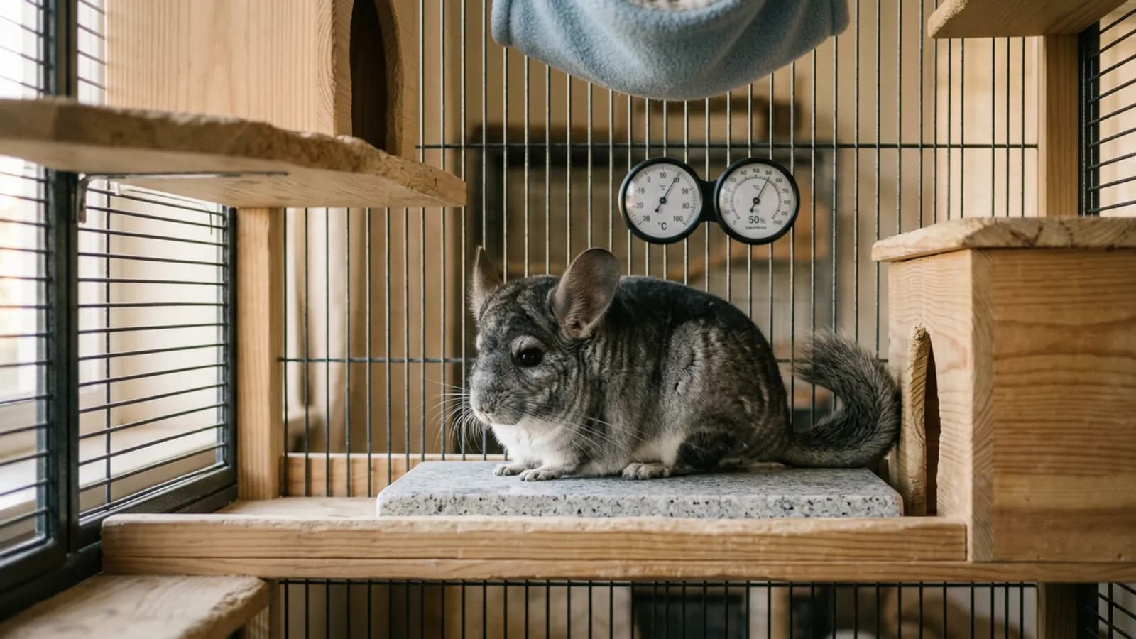 A chinchilla resting on a cooling stone in a cage where the chinchilla temperature is kept in the safe range
