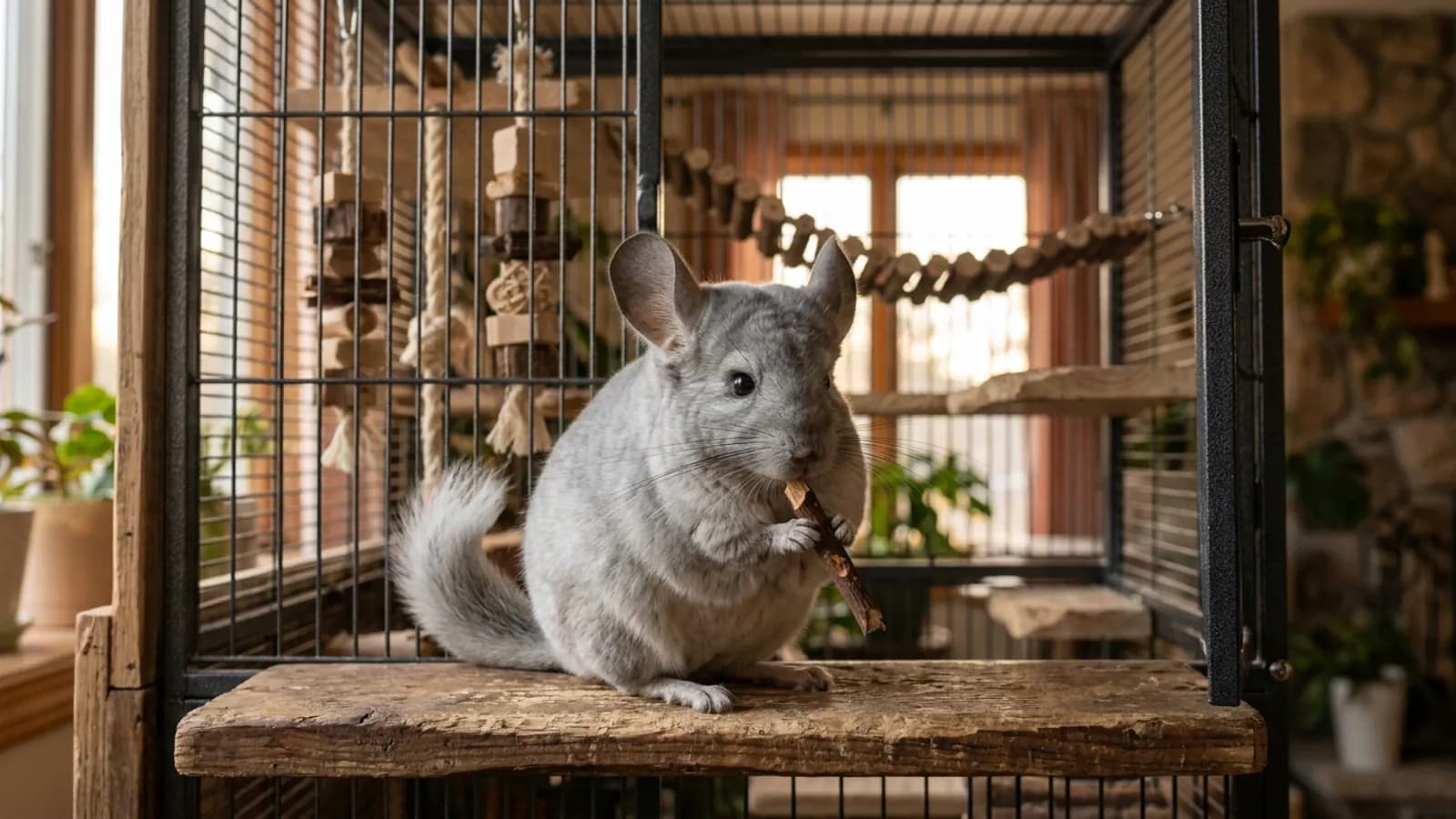 A chinchilla gnawing a wooden stick among hanging chinchilla toys on wooden ledges inside a tall metal cage
