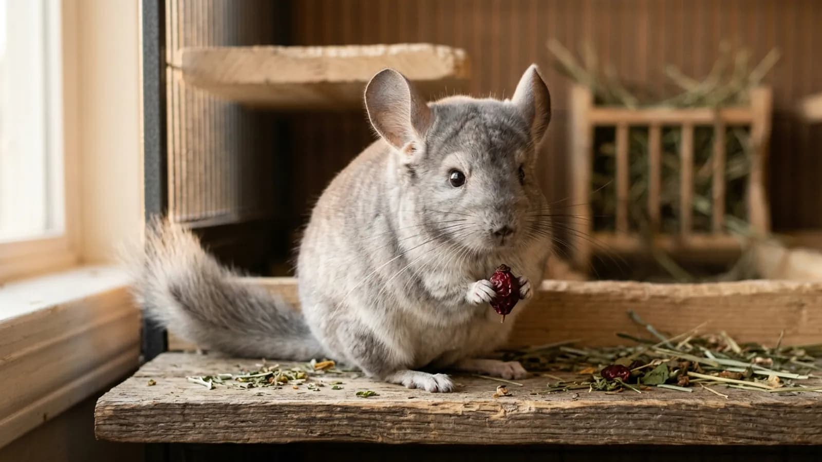 A chinchilla holding a single dried rose hip, an example of safe chinchilla treats given in tiny amounts