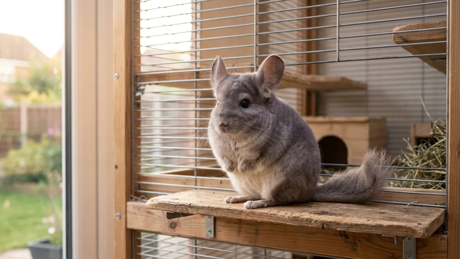 A chinchilla violet with a soft lavender-gray coat sitting upright on a wooden ledge inside a tall metal and wood cage