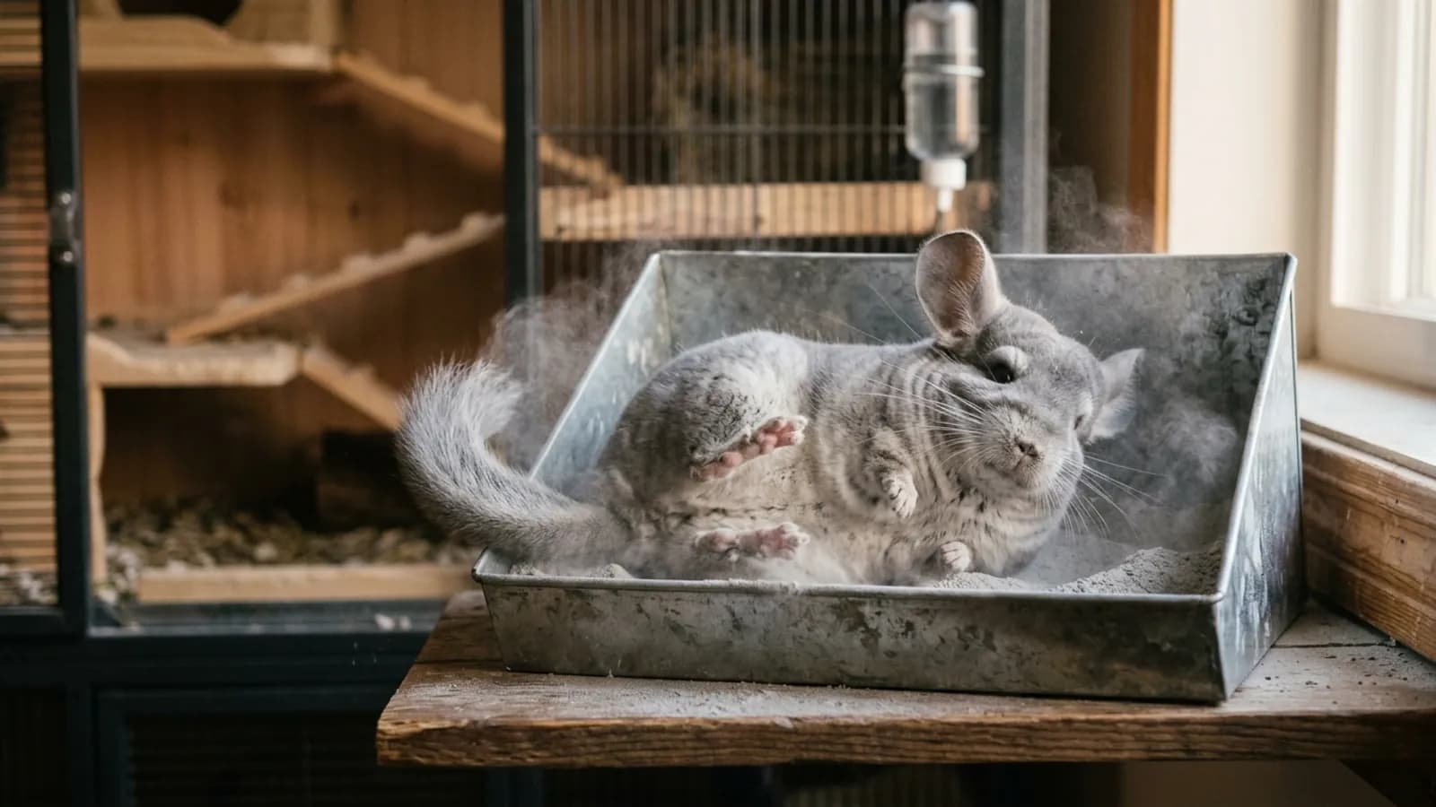A chinchilla rolling in chinchilla volcanic dust inside an open metal bath house as a soft grey cloud rises around its fur.
