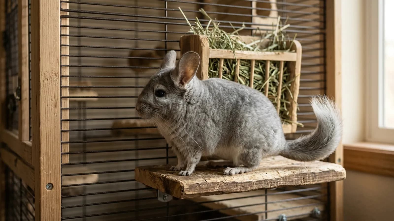 An adult chinchilla standing side on atop a wooden cage ledge, showing the body outline used to judge chinchilla weight