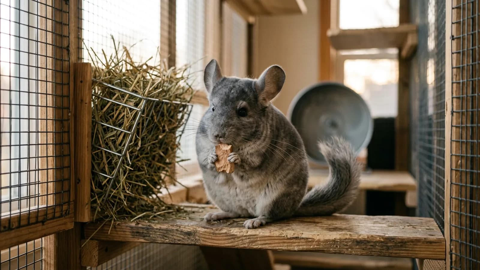 A chinchilla chewing apple wood by a hay rack, the dry-mouth care that prevents the drooling wet chin of dental disease