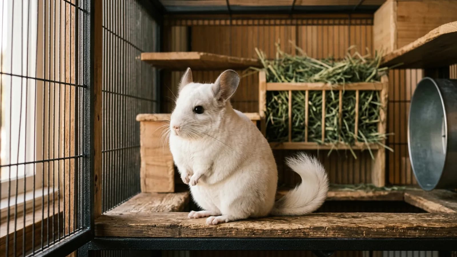 A white chinchilla with dark eyes sitting upright on a wooden ledge in a tall metal and wood cage