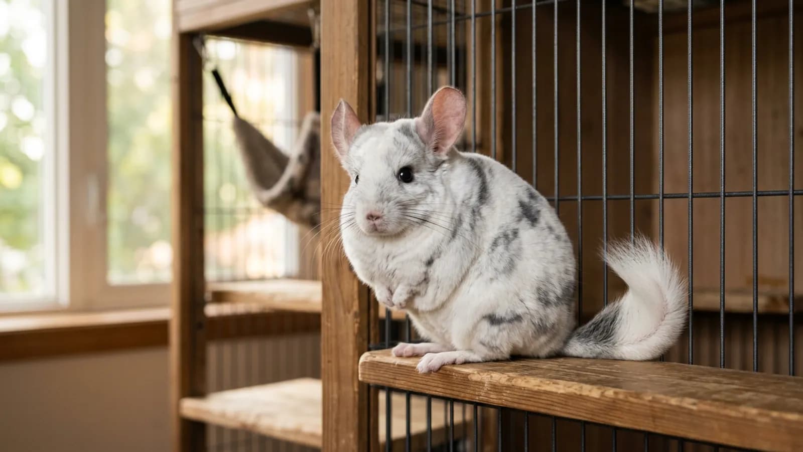 A white mosaic chinchilla with grey patches over white fur sitting on a wooden ledge in a tall metal cage.