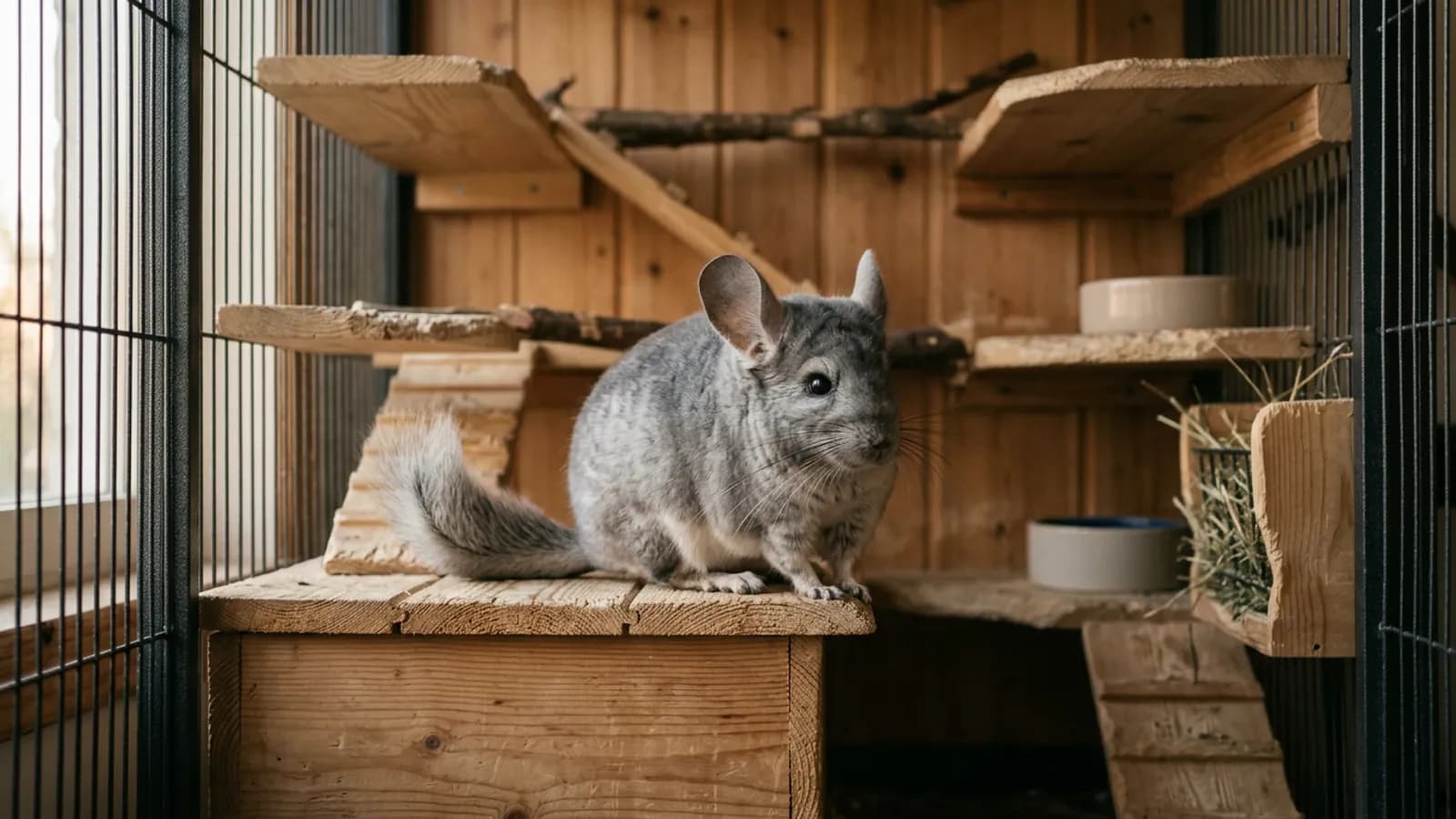 A chinchilla perched on top of its chinchilla wooden house inside a tall metal and wood cage