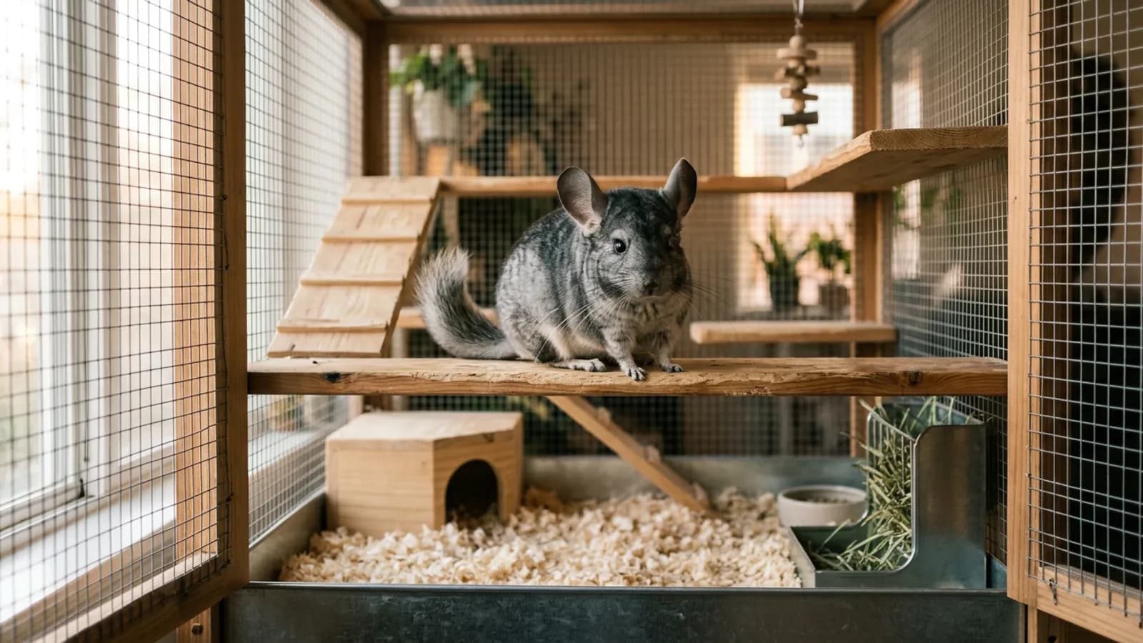 A clean chinchilla cage of metal and wood with a silver-gray chinchilla resting on a wooden ledge