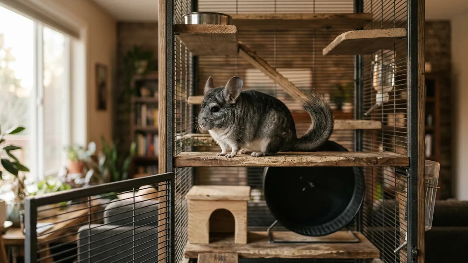 A silver-gray chinchilla perched on a wooden ledge inside a tall critter nation cage chinchilla setup made of metal and wood