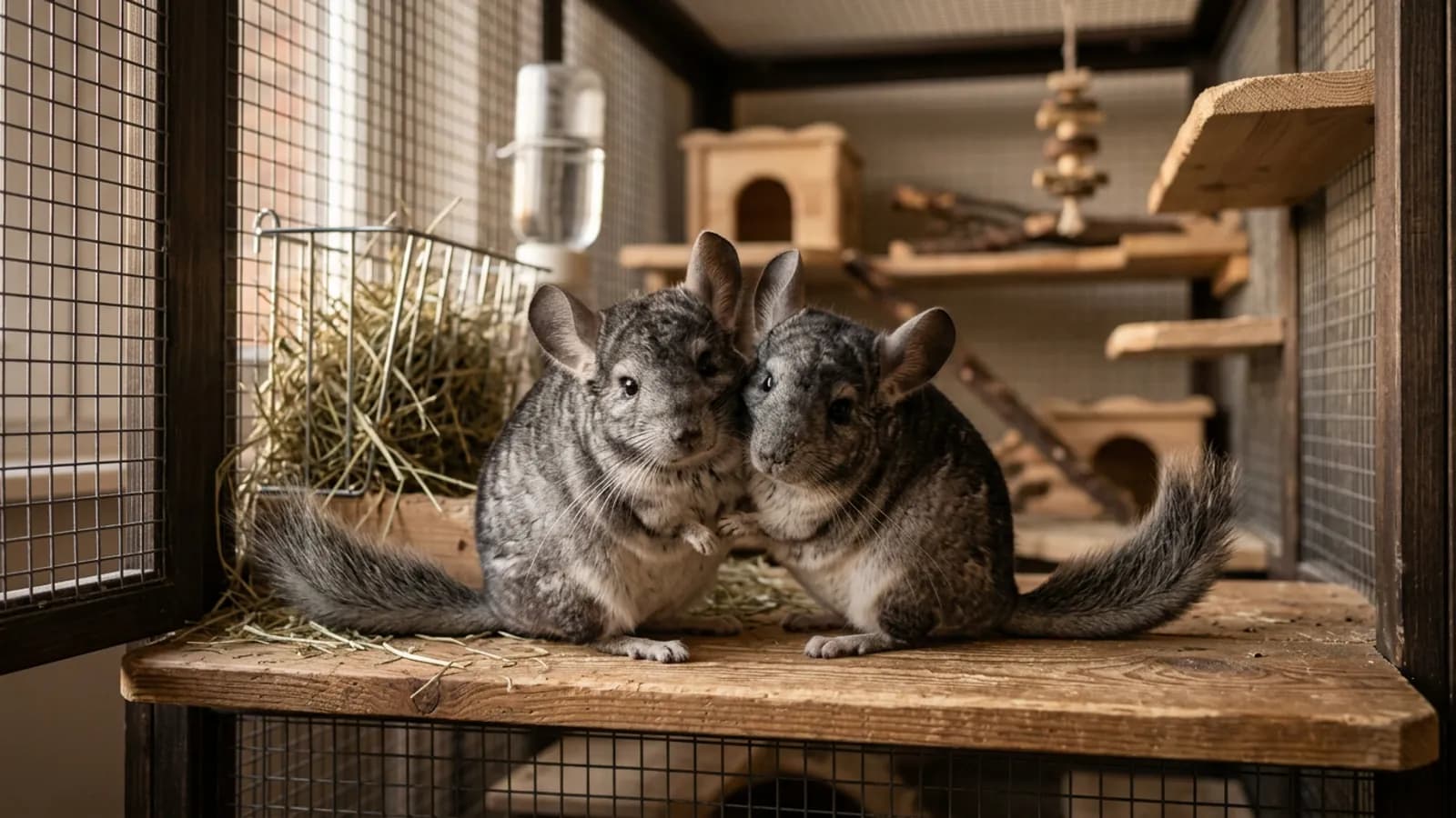 Two chinchillas resting together on a wooden ledge, the calm picture people imagine when they ask do chinchillas need a friend