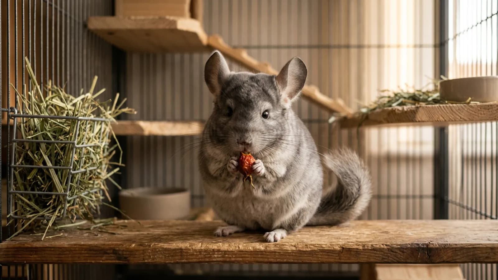 A silver-gray chinchilla sits up on a wooden ledge holding a dried rose hip for chinchillas in its front paws inside a tall metal and wood cage.