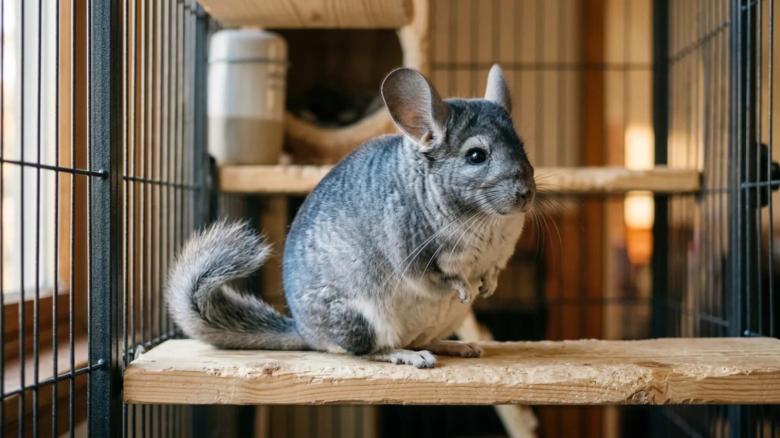 A standard grey chinchilla on a wooden ledge showing the dense silver-grey coat that grey chinchillas are known for