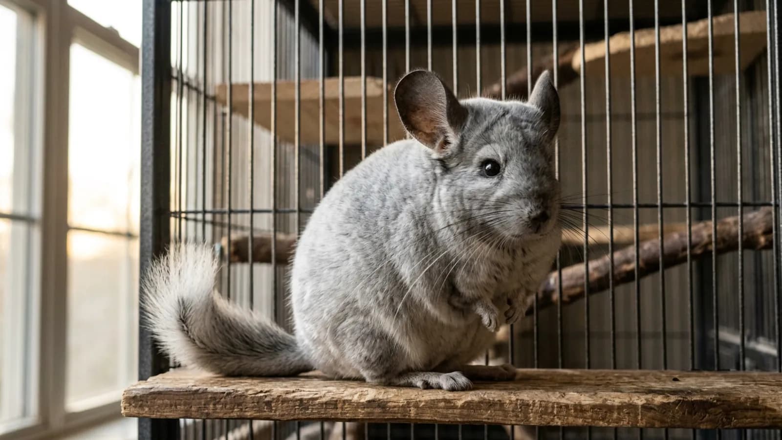 A healthy chinchilla with a full dense coat, the opposite of the hairless chinchilla some people go looking for.