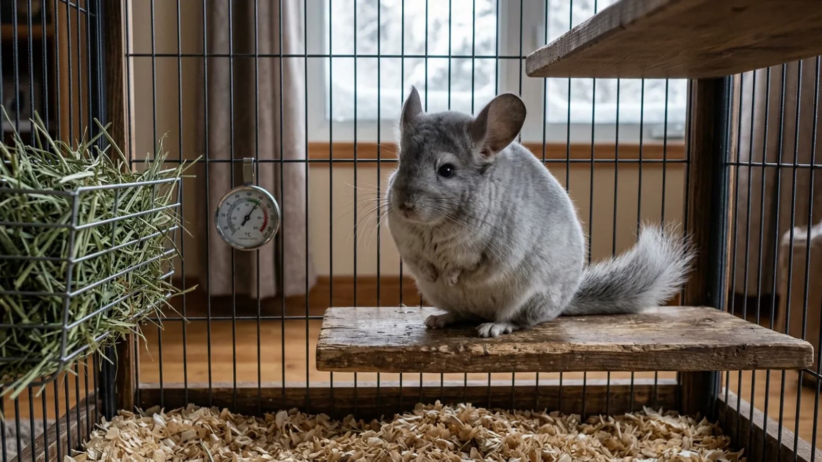 A chinchilla sitting with its coat fluffed on a wooden ledge beside a cage thermometer, the reading that answers how cold is too cold for a chinchilla.