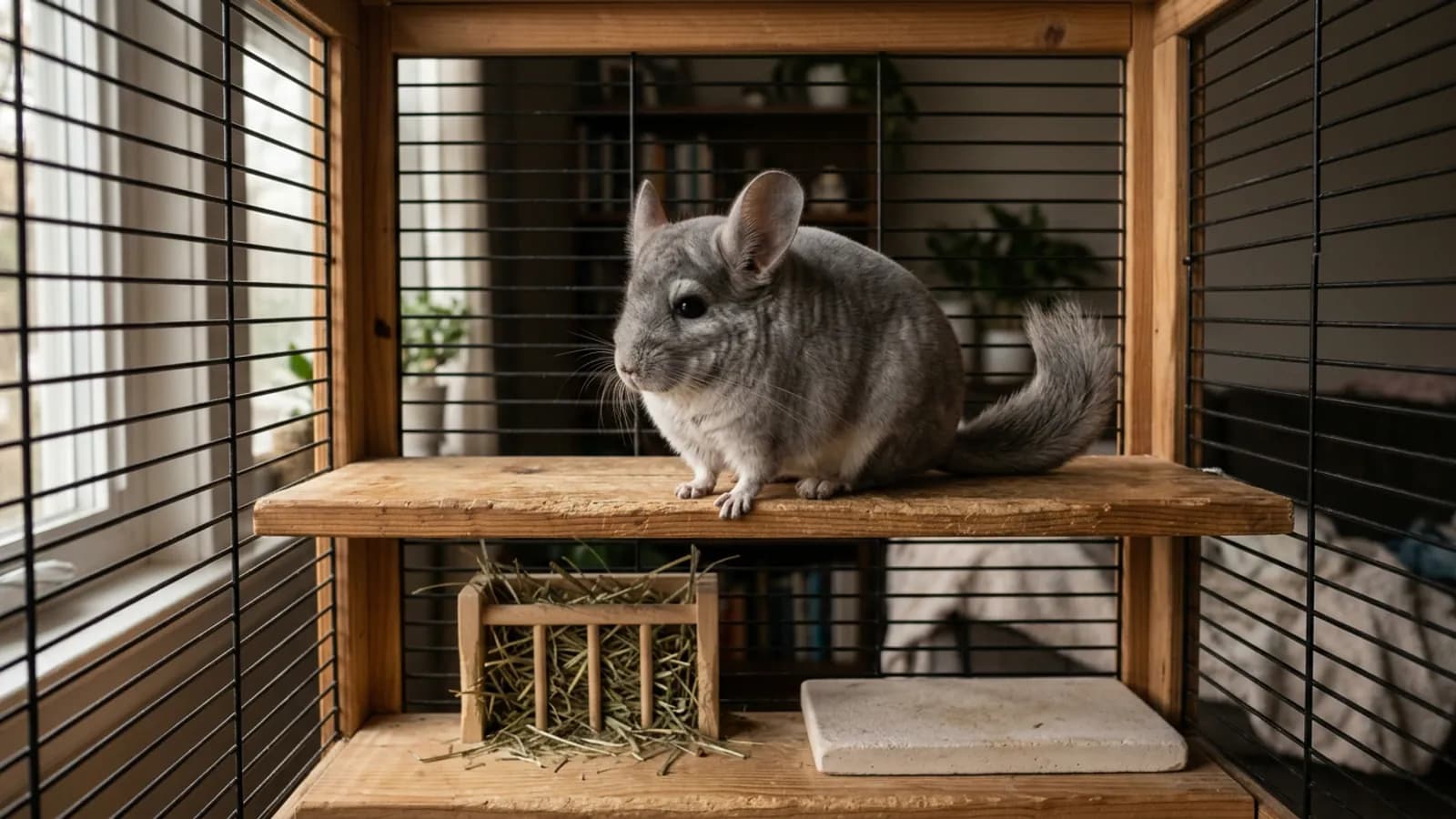 How do you care for a chinchilla starts with the right home, shown here as a silver-gray chinchilla perched on a wooden ledge inside a tall metal and wood cage