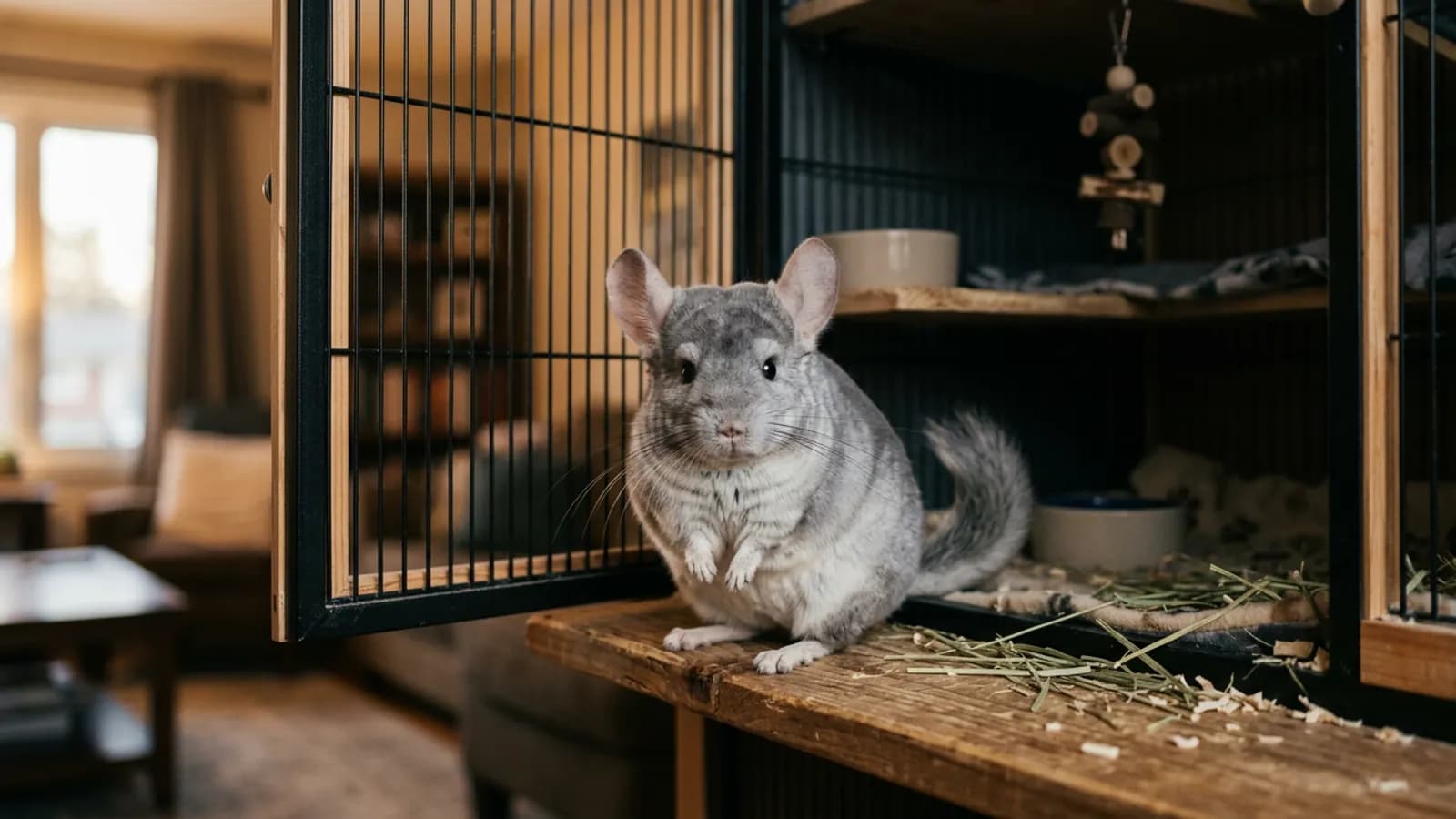 A curious chinchilla sitting at the open door of her cage, the moment that matters when you are learning how to tame a chinchilla.