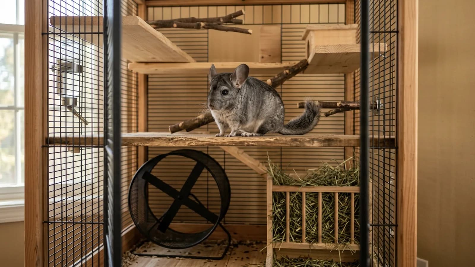 An ideal chinchilla cage that is tall, made of metal and wood, with a silver-gray chinchilla resting on a wooden ledge