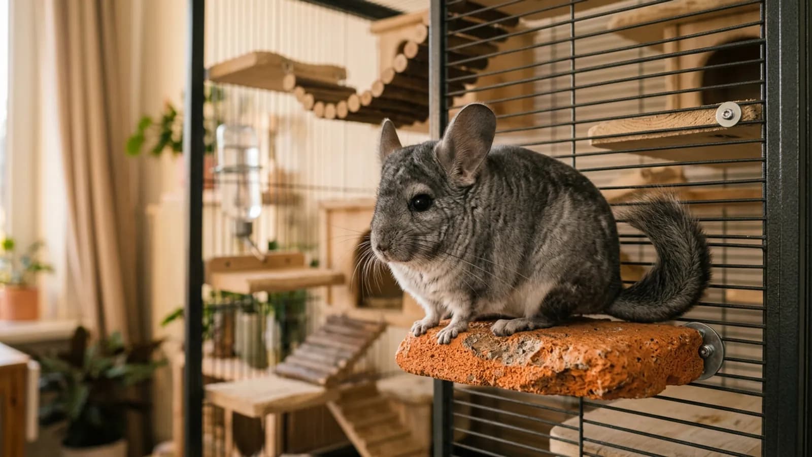 A chinchilla sitting on a lava ledge mounted inside a tall metal and wood cage
