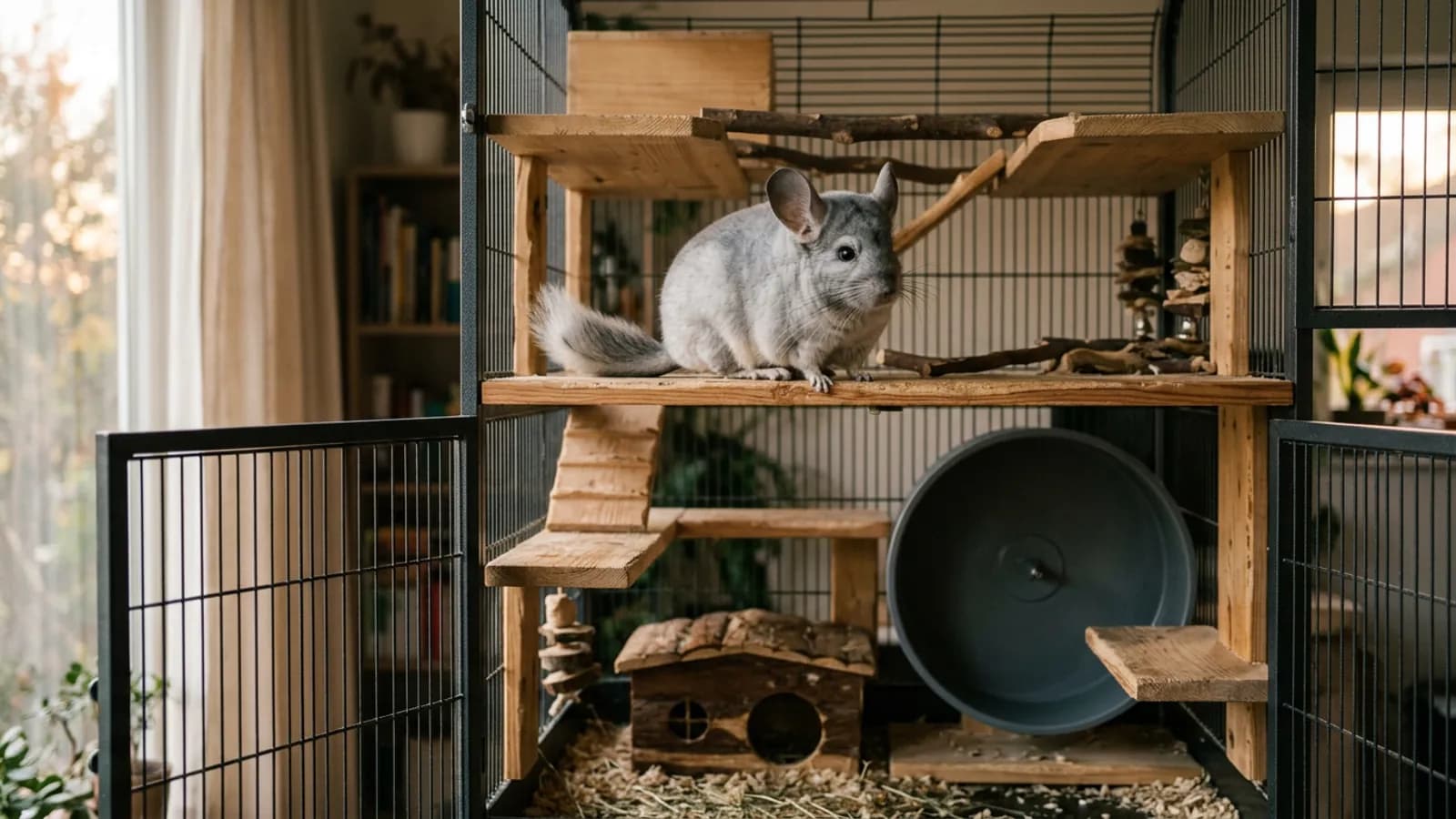 A silver gray chinchilla perched on an upper wooden ledge inside a tall multi level chinchilla cage.