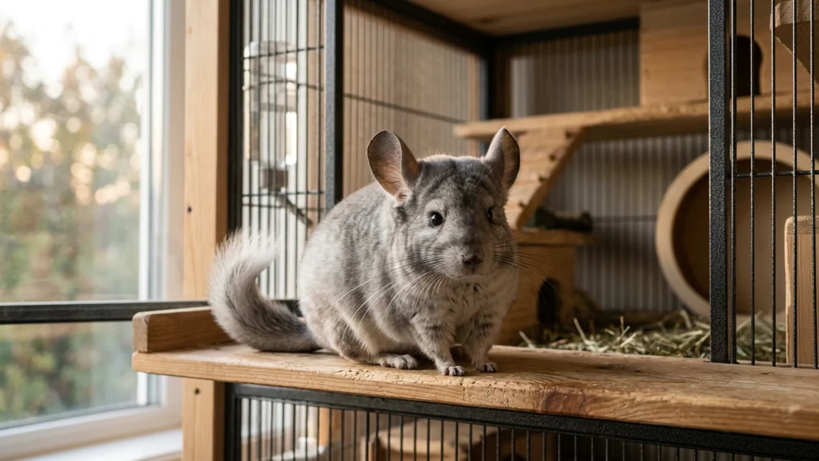 An old chinchilla resting on a wooden ledge inside a tall metal and wood cage