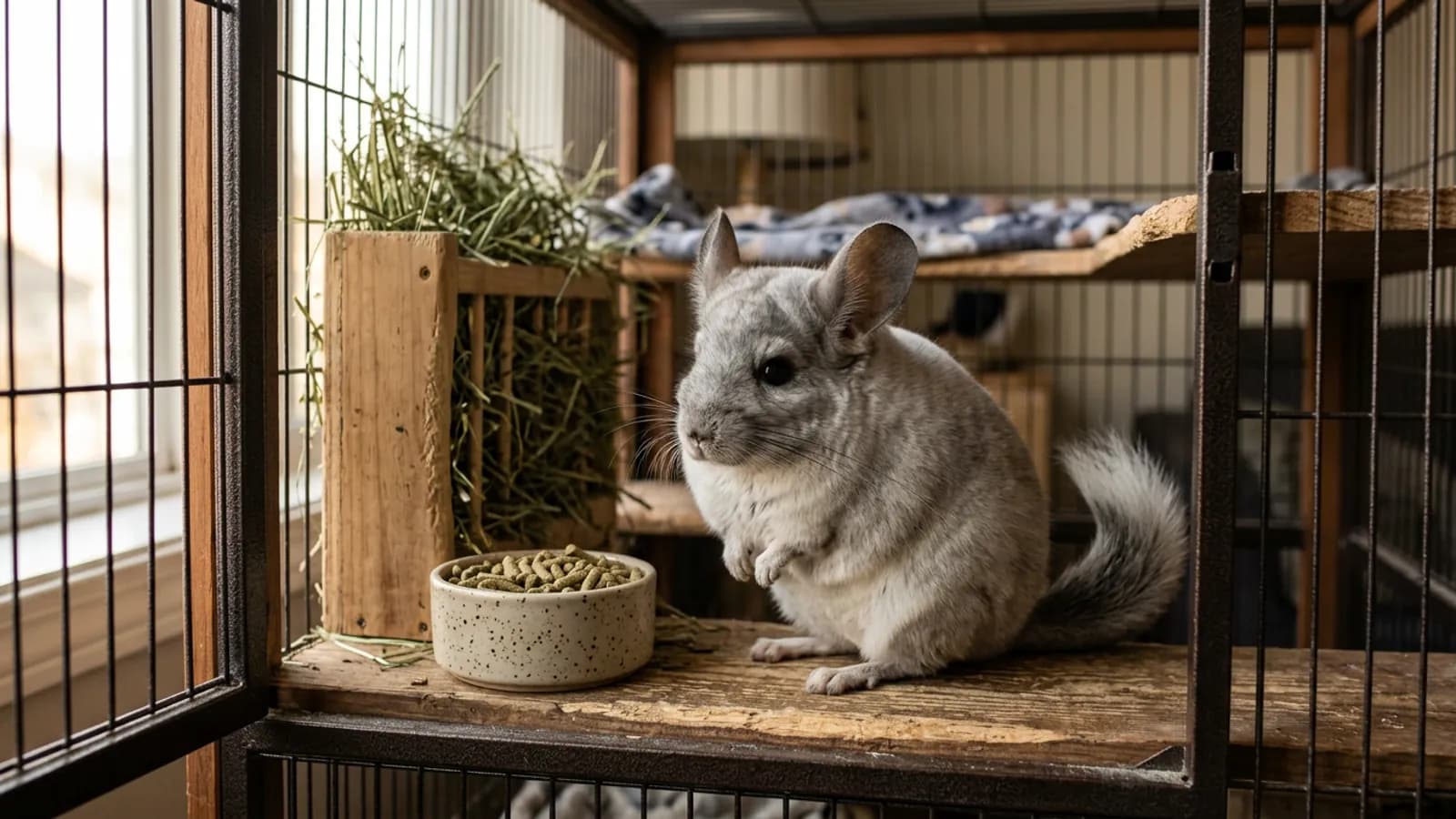 A chinchilla beside a ceramic dish of oxbow chinchilla food pellets and a full hay rack in a tall metal and wood cage