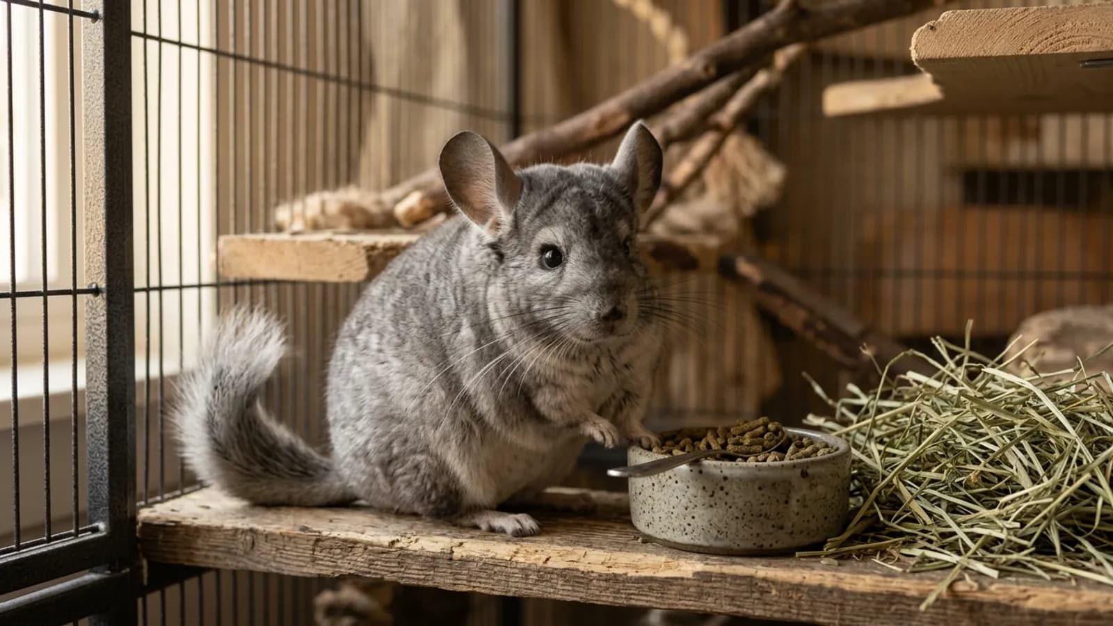 A chinchilla sitting next to a small dish of oxbow chinchilla pellets and a pile of timothy hay on a wooden ledge