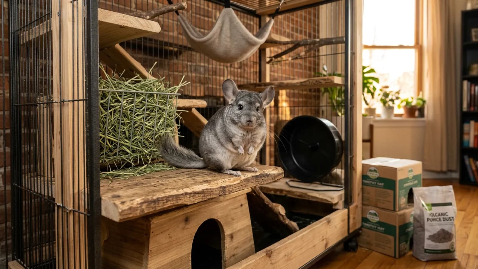 A standard grey chinchilla of the kind sold as a Petco chinchilla sitting on a wooden ledge in a tall metal cage beside fresh hay