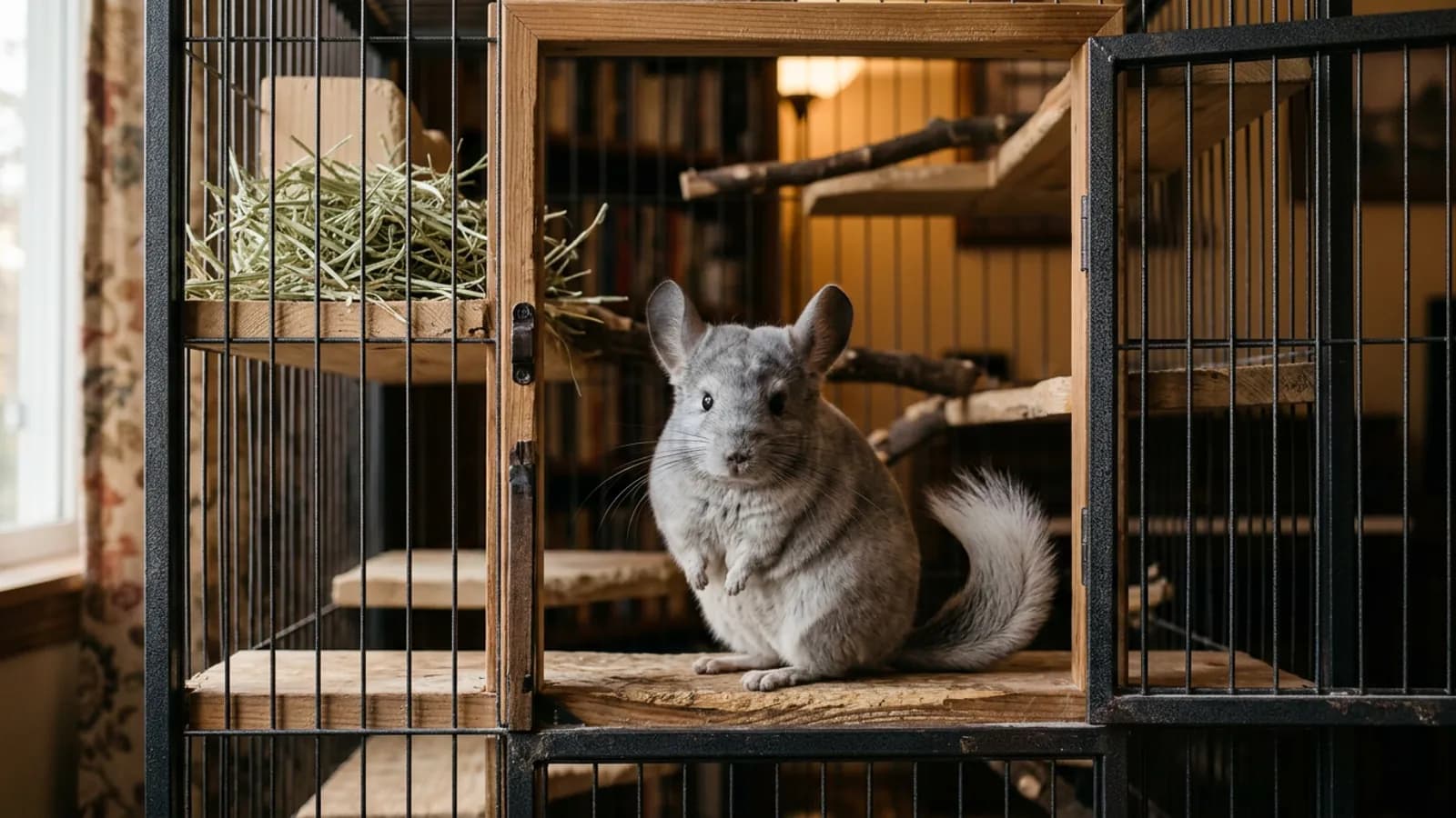 A curious standard grey chinchilla peering from a tall metal and wood cage, the scene many picture when researching a PetSmart chinchilla