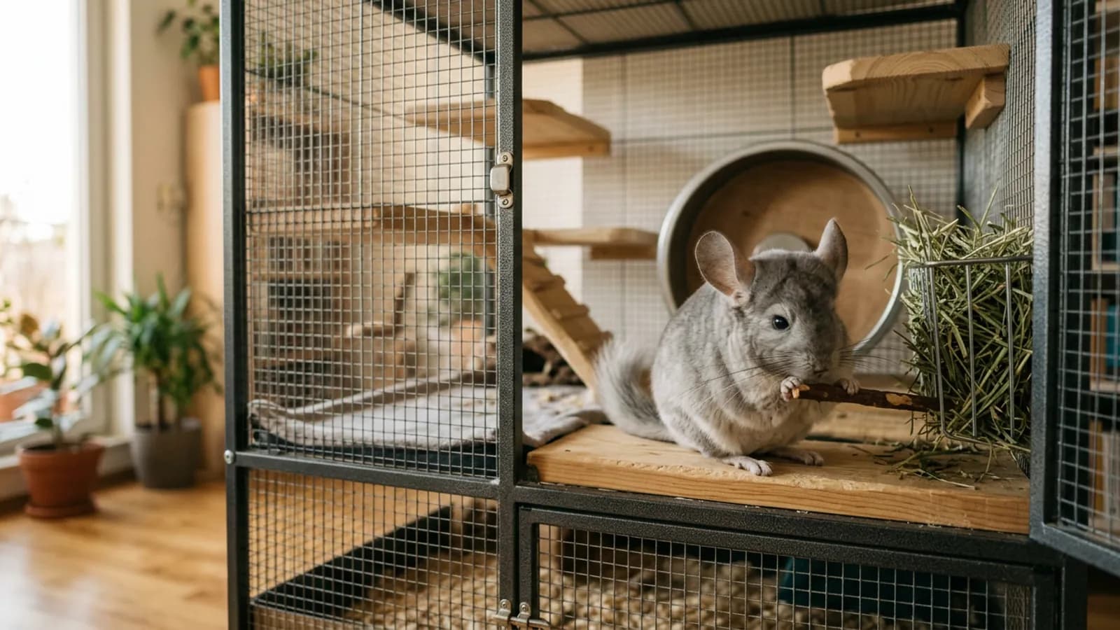 A silvery gray chinchilla sits inside a tall metal and wood chinchilla cage like the ones sold at PetSmart, fitted with wooden ledges and a solid wheel