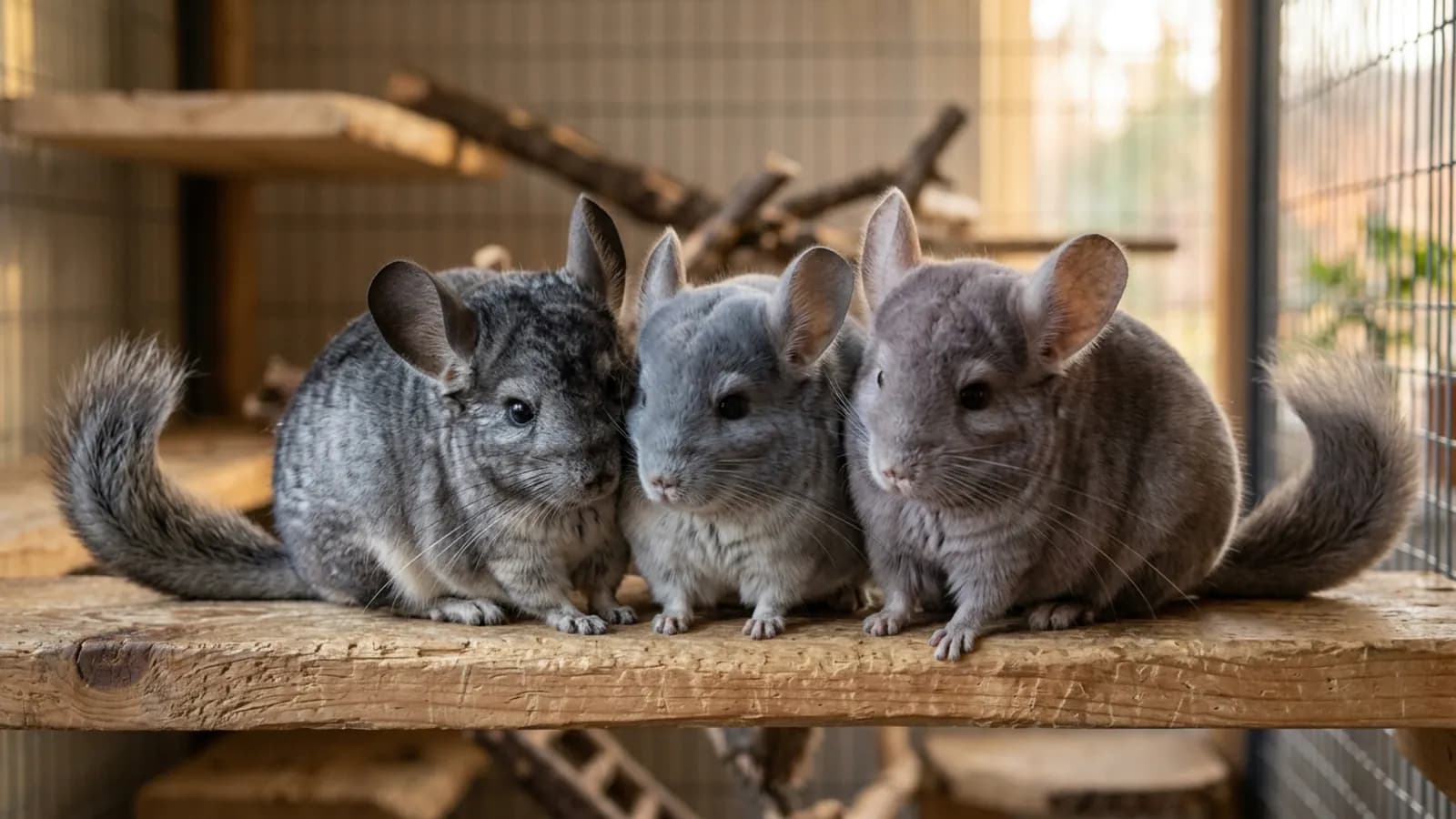 Several rare chinchilla colors side by side, including sapphire and violet, resting on a wooden ledge