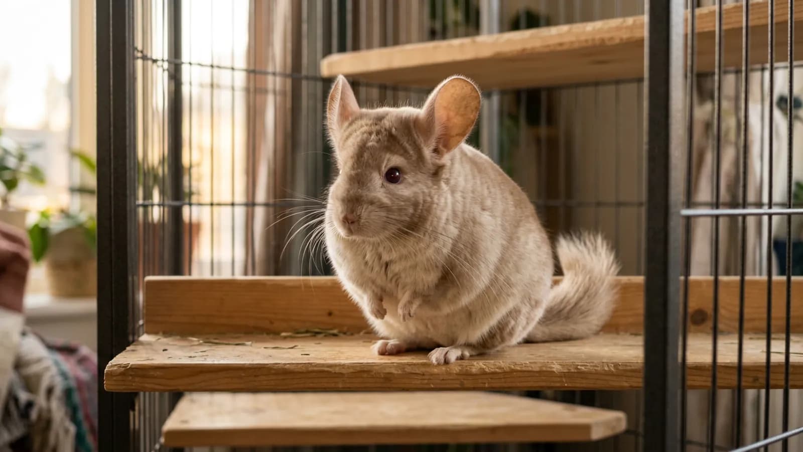 A warm beige chinchilla that people often mistake for a red chinchilla, sitting on a wooden ledge in daylight