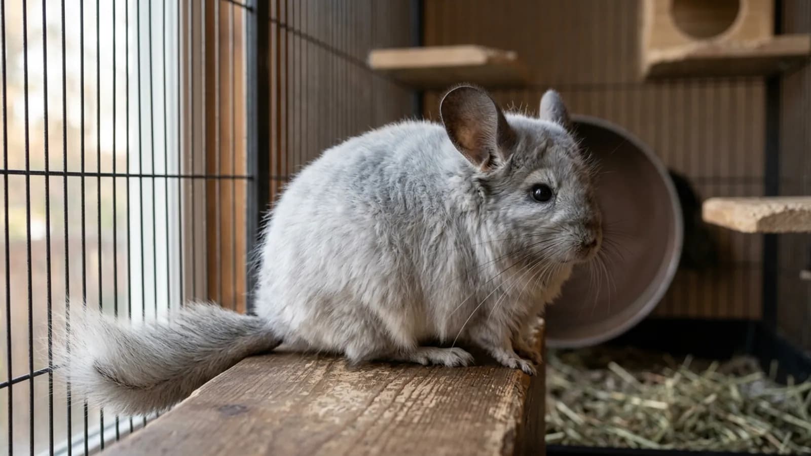 A royal persian angora chinchilla with a long silver-gray coat resting on a wooden ledge