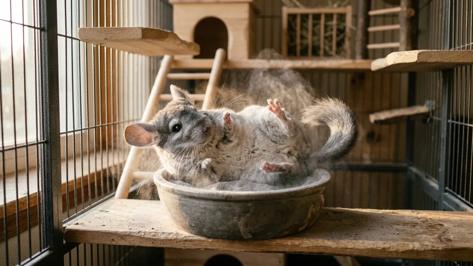 A sand chinchilla rolling in a bowl of fine volcanic dust rather than actual sand, kicking up a soft grey cloud