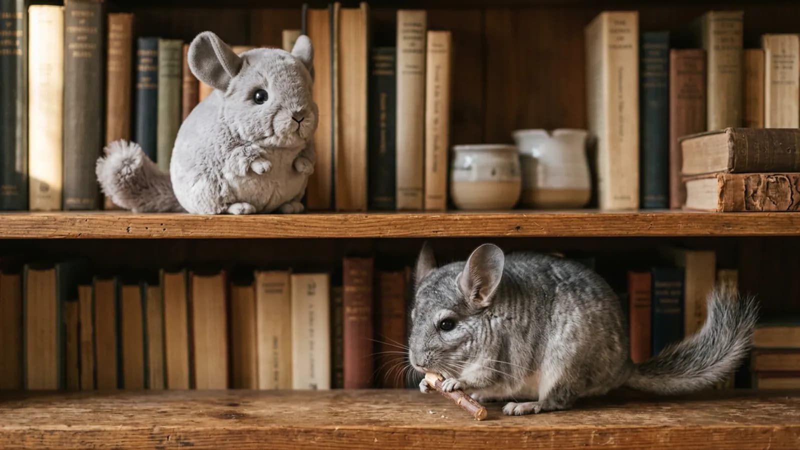 A soft toy chinchilla on a shelf beside a real chinchilla chewing a wood stick nearby