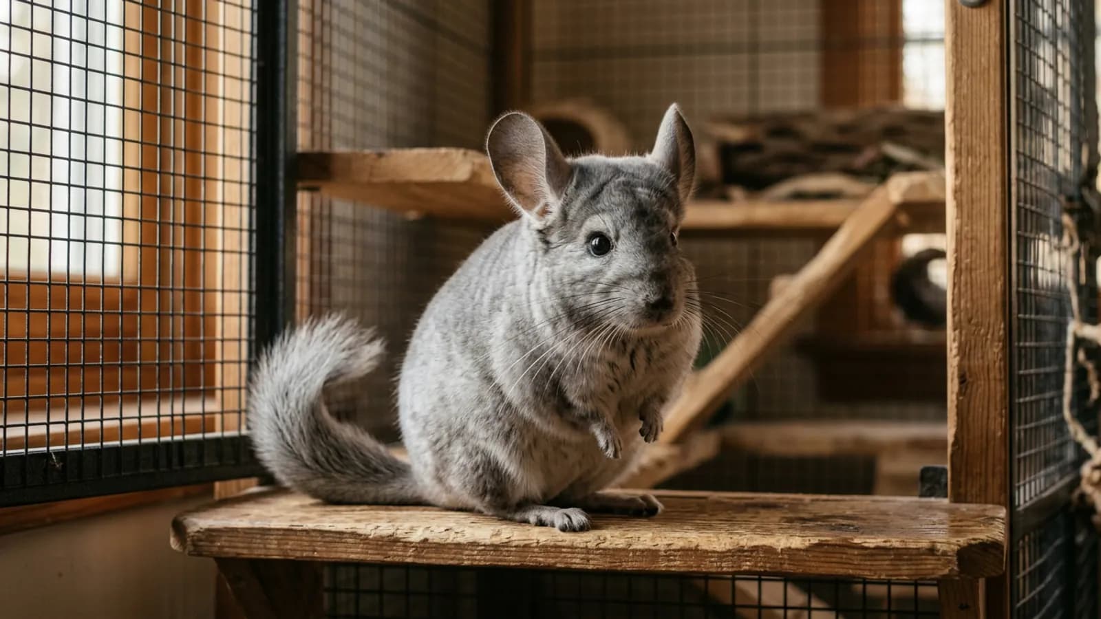 A real chinchilla on a wooden ledge, the animal people mean when they confuse it with the Soviet Chinchilla rabbit.