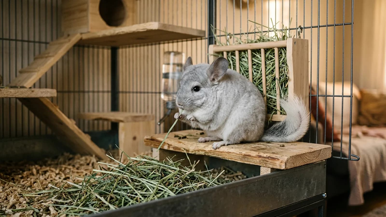 A silver-gray chinchilla eating timothy hay for chinchillas from a wooden rack in a tall metal cage