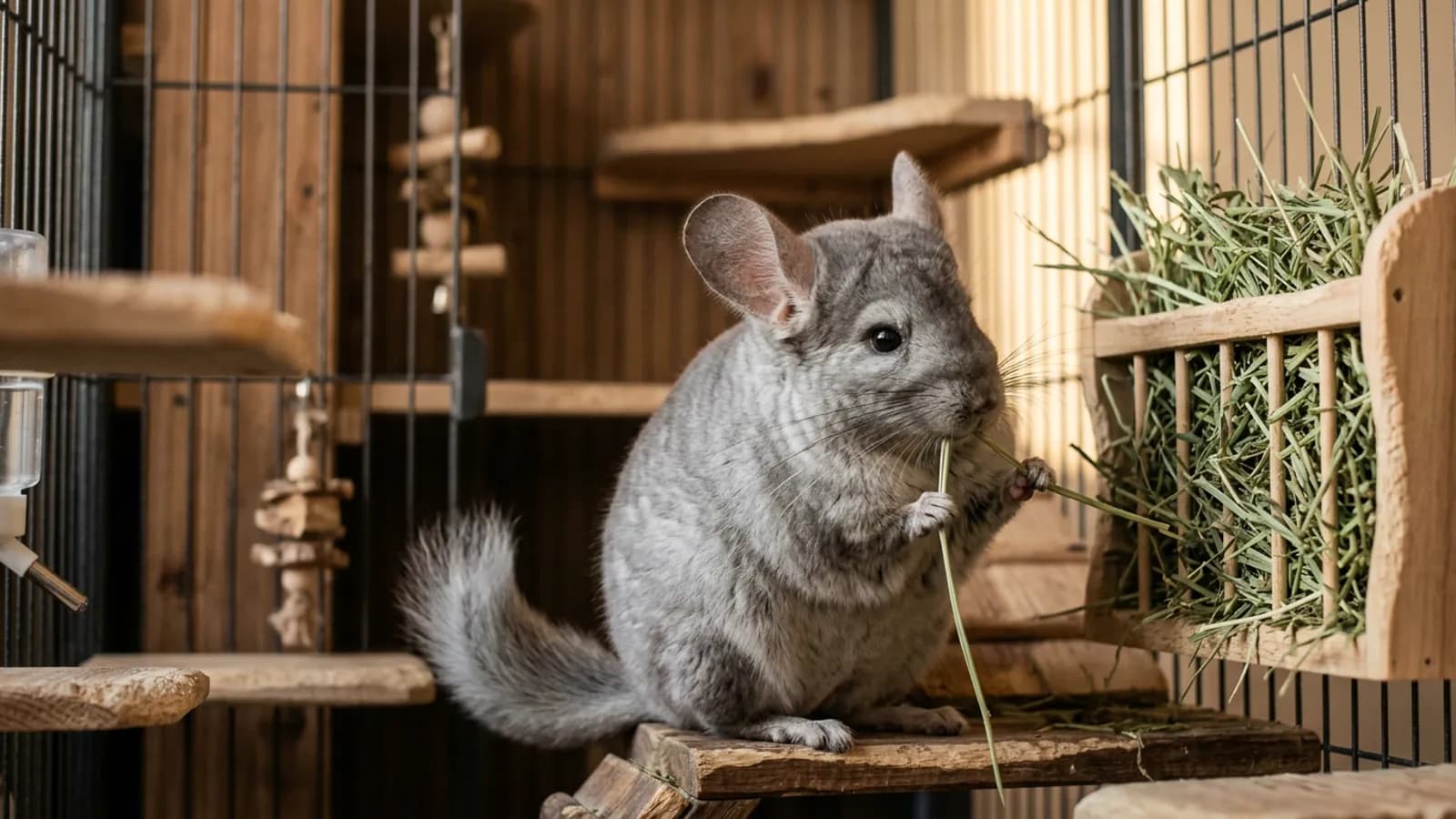 A chinchilla eating timothy hay from a rack, showing what a chinchilla can eat as its main daily food