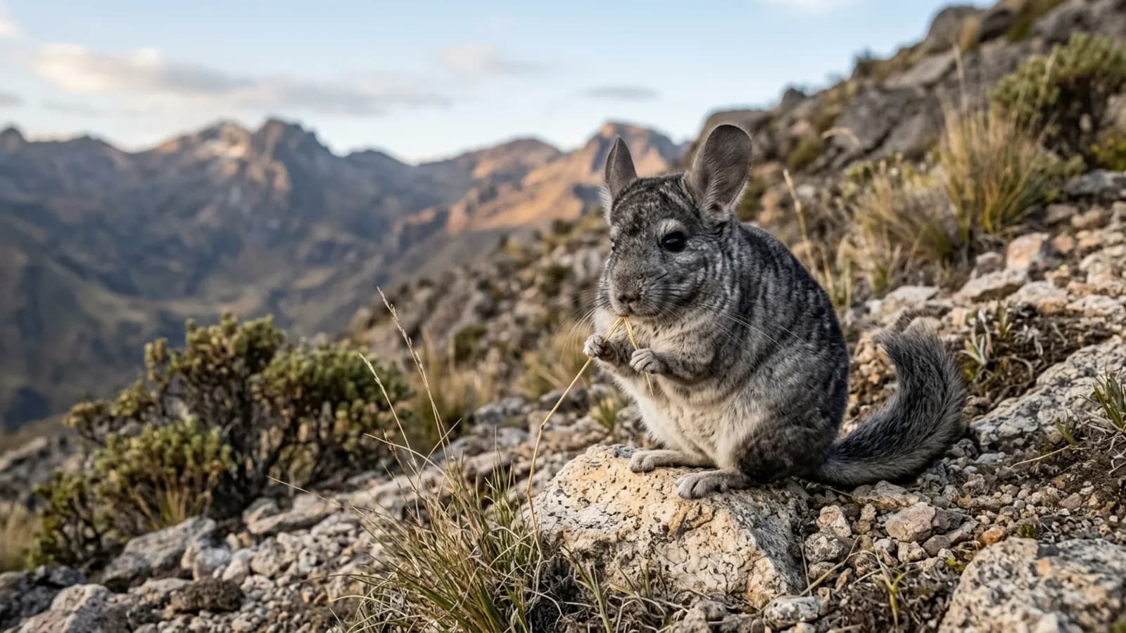 A wild-type chinchilla nibbles a dry grass stem on a rocky mountain slope, showing what chinchillas eat in the wild.