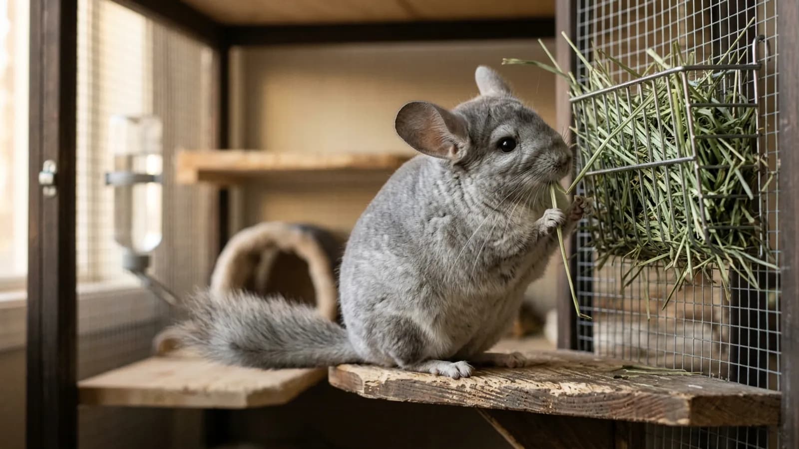 A silver-gray chinchilla eating timothy hay from a rack, the core of what food chinchillas can eat