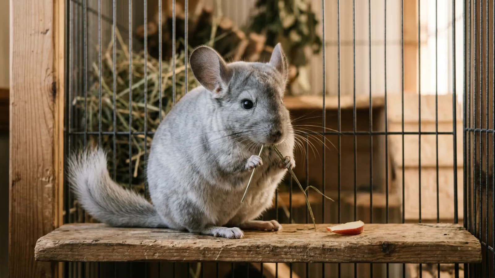 A silver-gray chinchilla nibbles hay and ignores a tiny apple sliver, a picture of how few fruits chinchillas can eat.