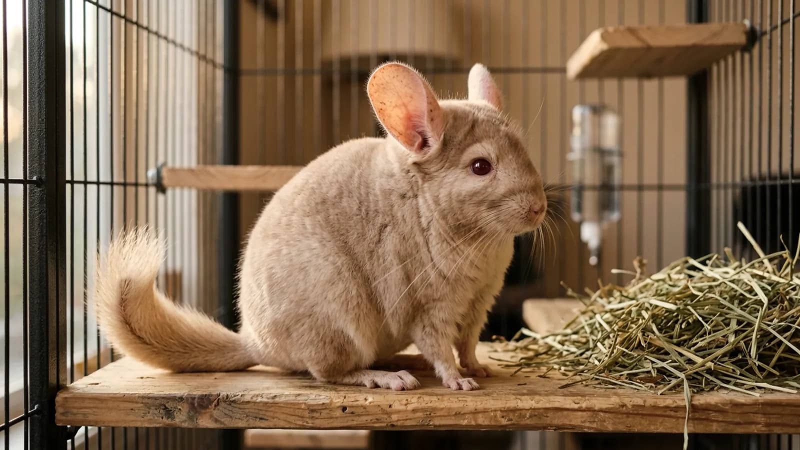 A beige chinchilla with sandy fur, pink ears and red eyes sits on a wooden ledge in a tall metal cage.