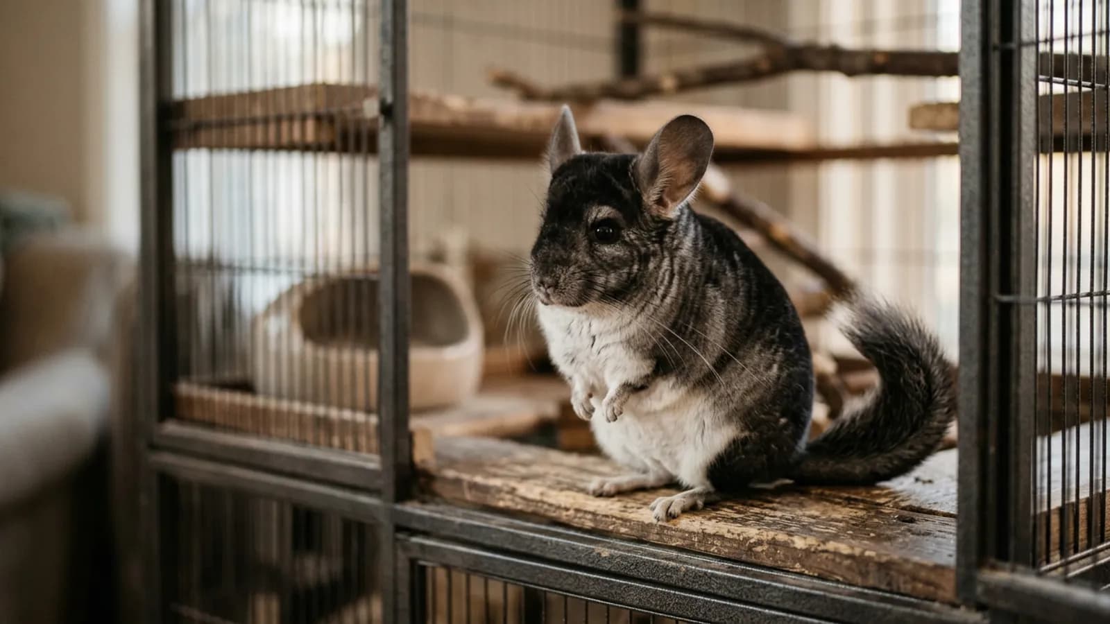 A black and white chinchilla with a dark veiled back and white belly sitting on a wooden ledge