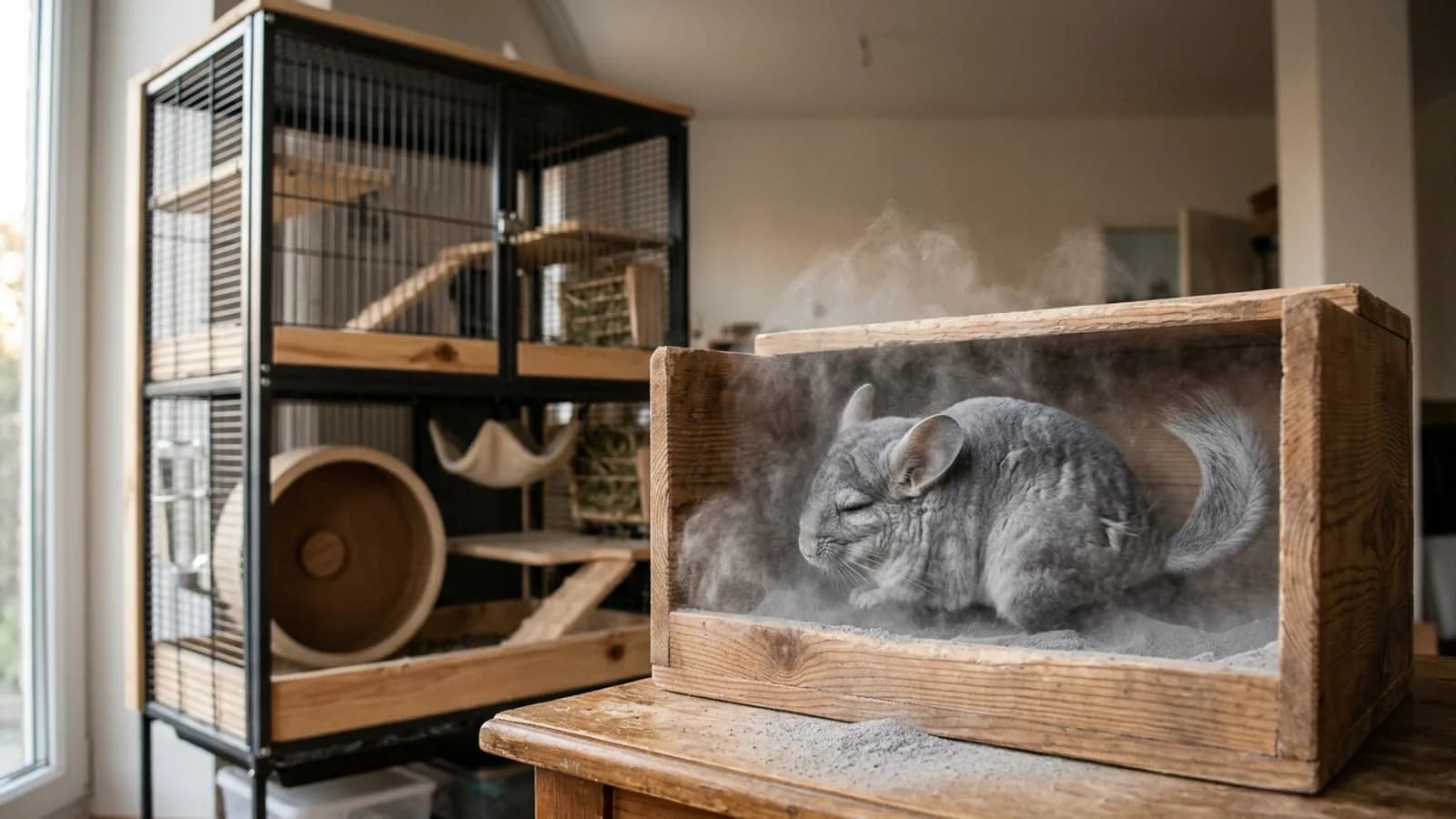 A chinchilla rolling in a pale cloud of fine blue cloud chinchilla dust inside an enclosed wooden bath house