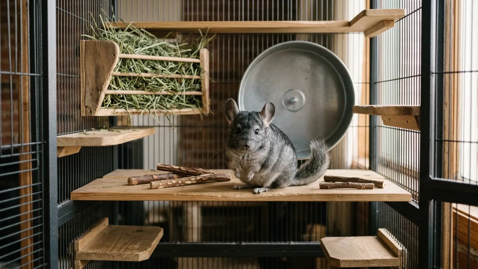A chinchilla sitting on a wooden ledge inside a cage fitted with the core cage accessories for chinchillas.