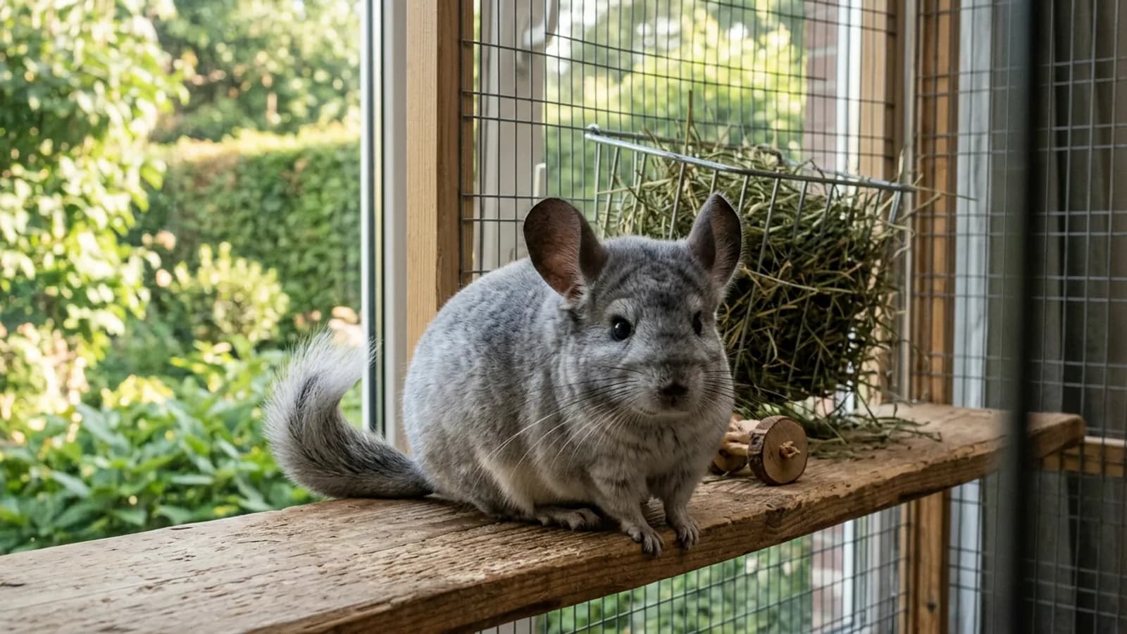 A chinchilla sits safely on a wooden ledge inside her tall metal cage while a sunlit garden shows through the closed window behind her, answering whether chinchillas can go outside.